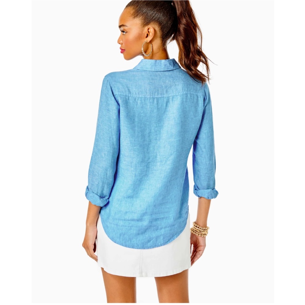 NEW Lilly Pulitzer Sea View Linen Button Down Top Beckon Blue & Sea Salt Shirt - Picture 4 of 12